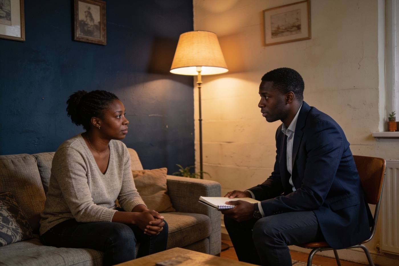Hulpverlener in gesprek met een moeder in haar woonkamer