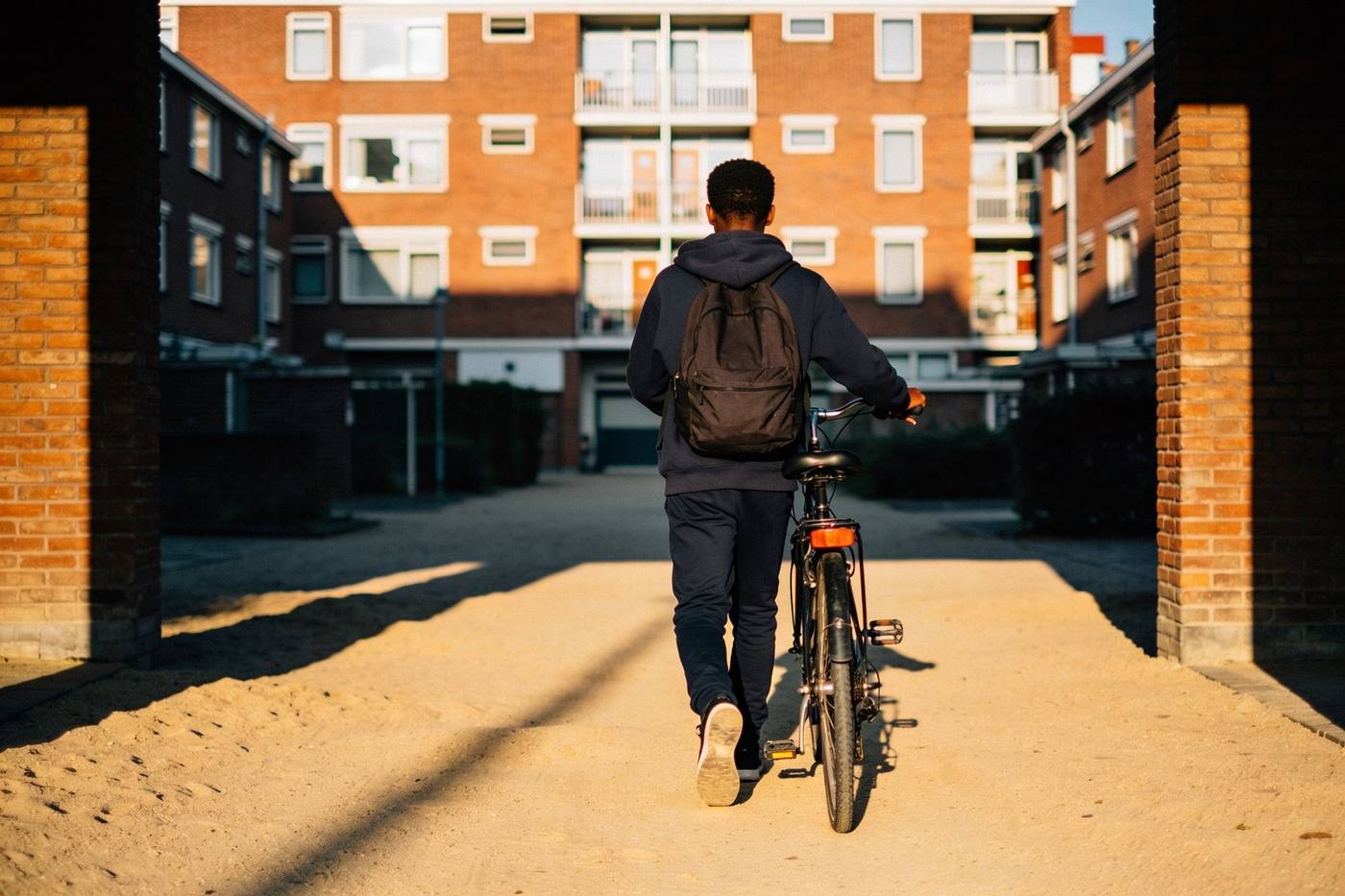 Jongere met rugzak loopt met de fiets door een Rotterdamse woonwijk in het avondlicht